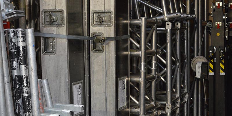 6.5m Truss Stands, Cases of Manfrottos and JTE 52cm Supertruss in storage bay