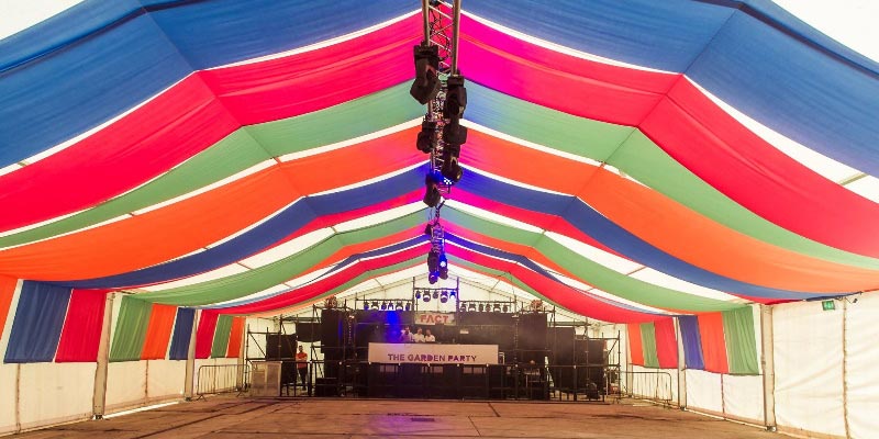 The Garden Party, Leeds. Kwikform DJ and PA Riser in Tent