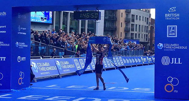 Brownlee at finsh line of Leeds World Triathlon on Millennium Square, Leeds, West Yorkshire